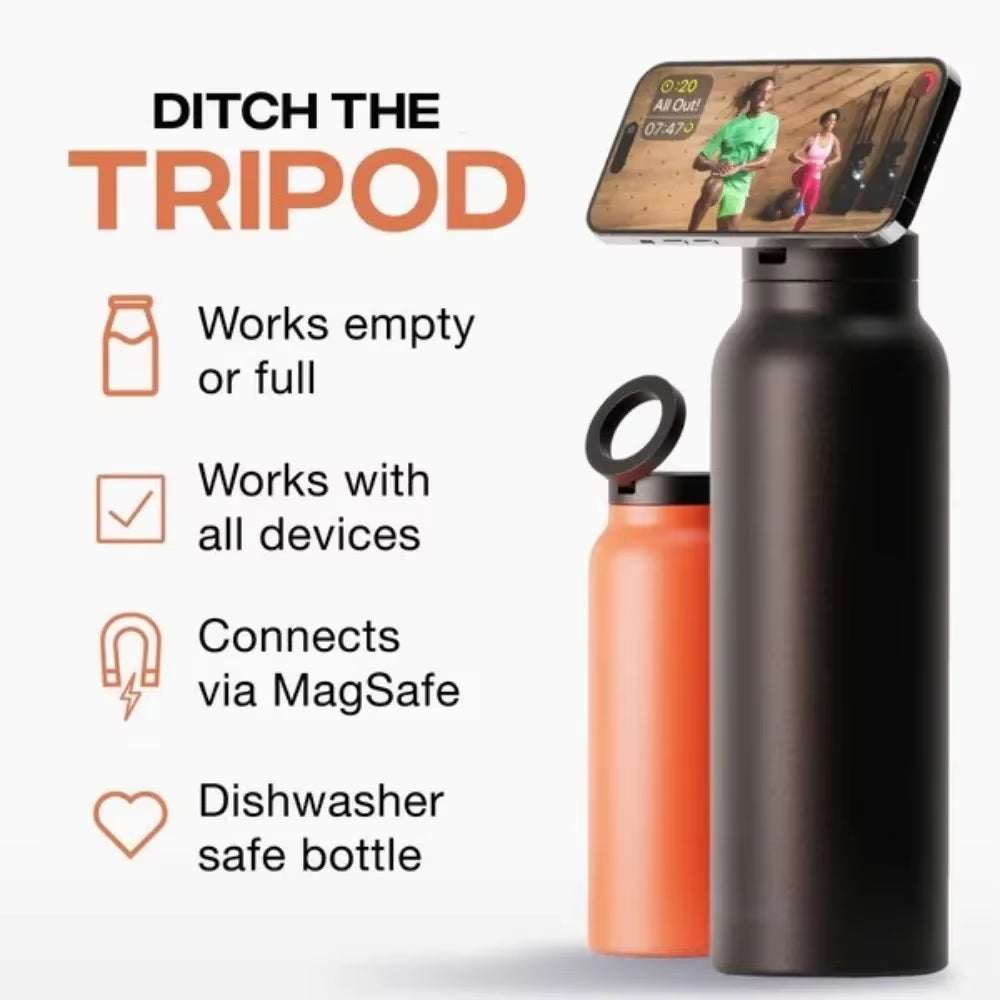 Warm Water Bottle – Magsafe Compatible Water Bottle with Phone Holder – Stainless Steel Water Bottle with Magnetic Phone Tripod