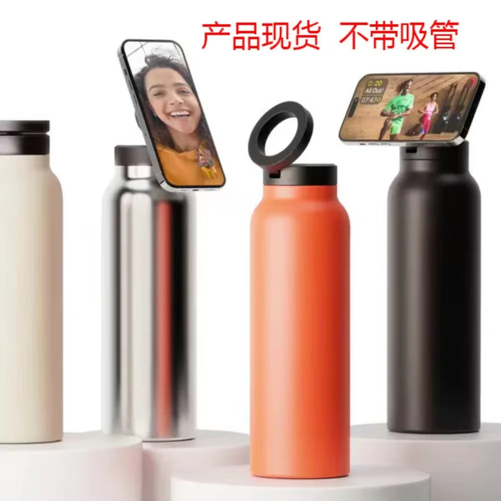 Warm Water Bottle – Magsafe Compatible Water Bottle with Phone Holder – Stainless Steel Water Bottle with Magnetic Phone Tripod